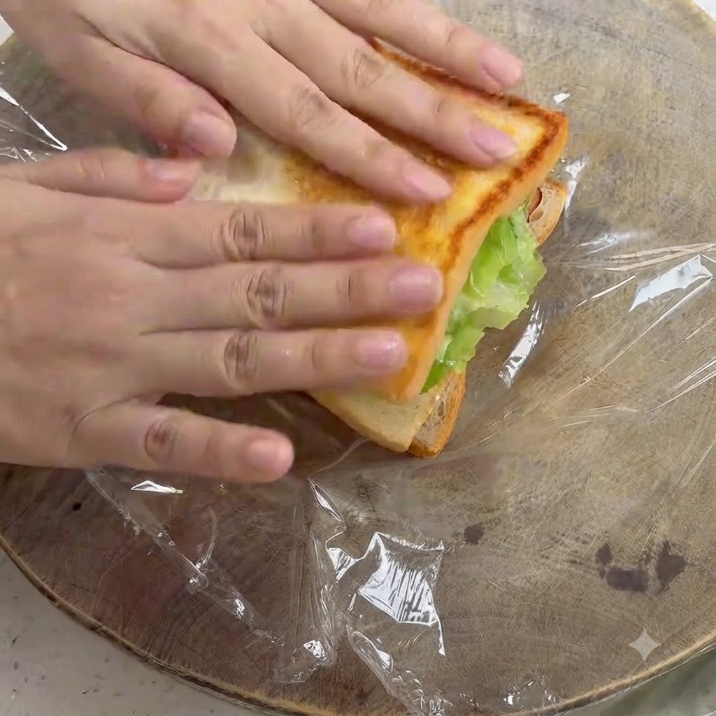 Manos presionando suavemente hacia abajo la rebanada superior de pan tostado para completar el sándwich.