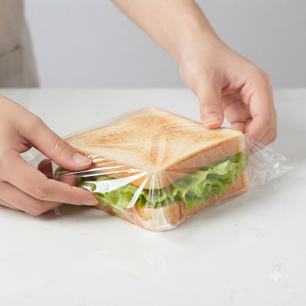 Manos doblando el plástico de cocina firmemente alrededor del sándwich armado en una superficie blanca.