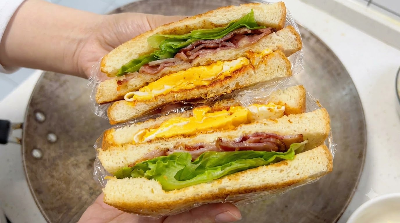 Dos mitades de un sándwich grueso de tocino, huevo y lechuga recién cortado y apilado, envuelto en plástico transparente, mostrando la sección transversal.
