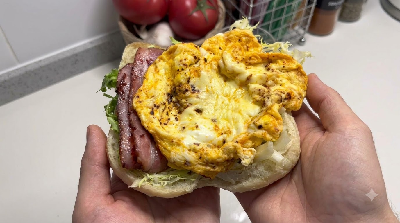 Sándwich de Ciabatta con Bacon, Queso y Huevo con Café Helado