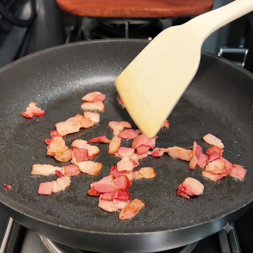 Pequeños trozos de tocino friéndose en una sartén oscura con una espátula de madera.