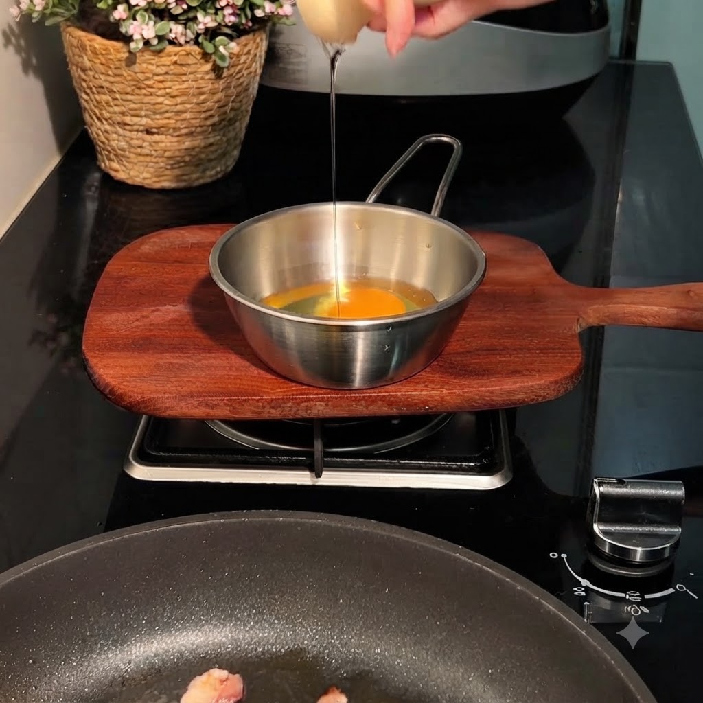 Un huevo siendo cascado en un recipiente sobre una sartén que contiene tocino y col.