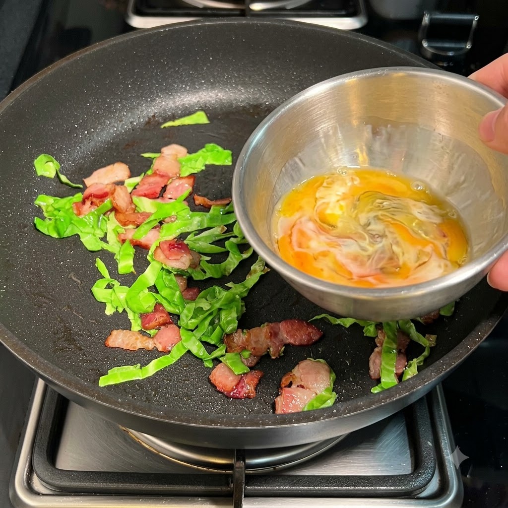 Un bol con huevos batidos y leche siendo vertido en una sartén con tocino y col.