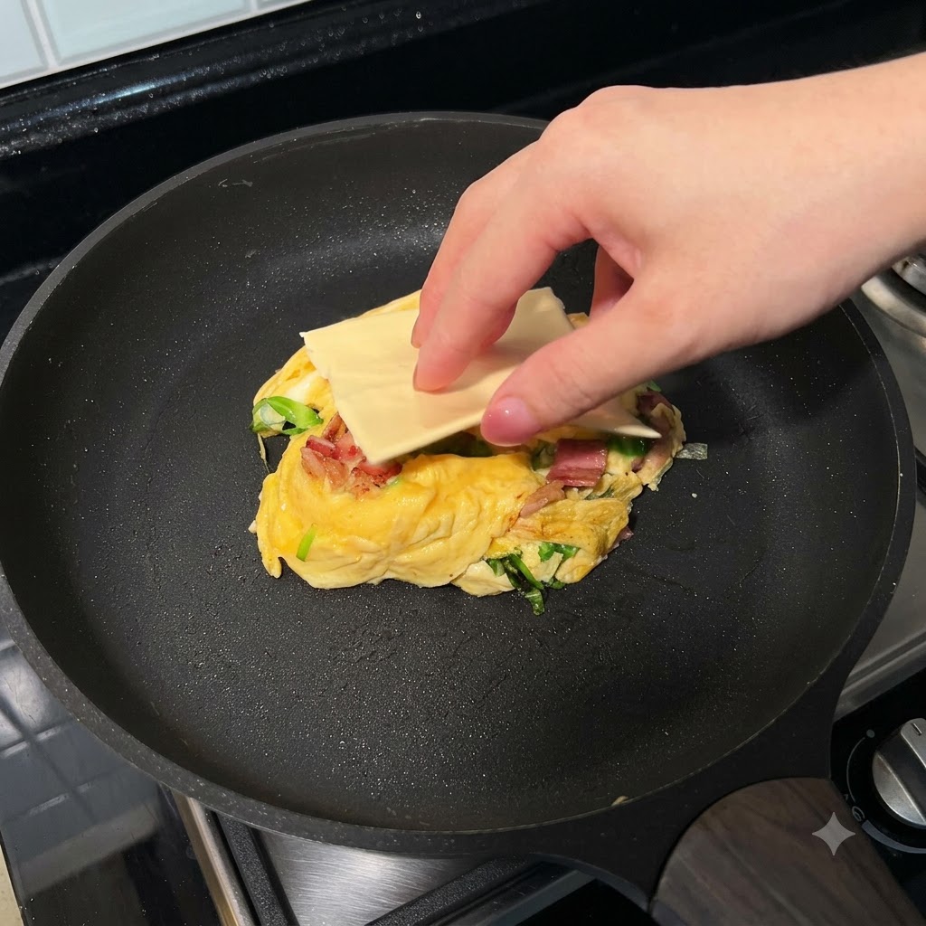 Una rebanada cuadrada de queso colocándose sobre un paquete de huevo doblado en una sartén.