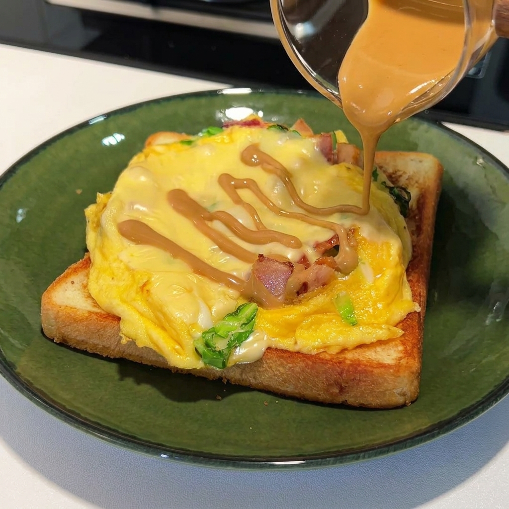 Salsa de cacahuate cayendo en zigzag sobre una tostada de huevo con queso en un plato verde.