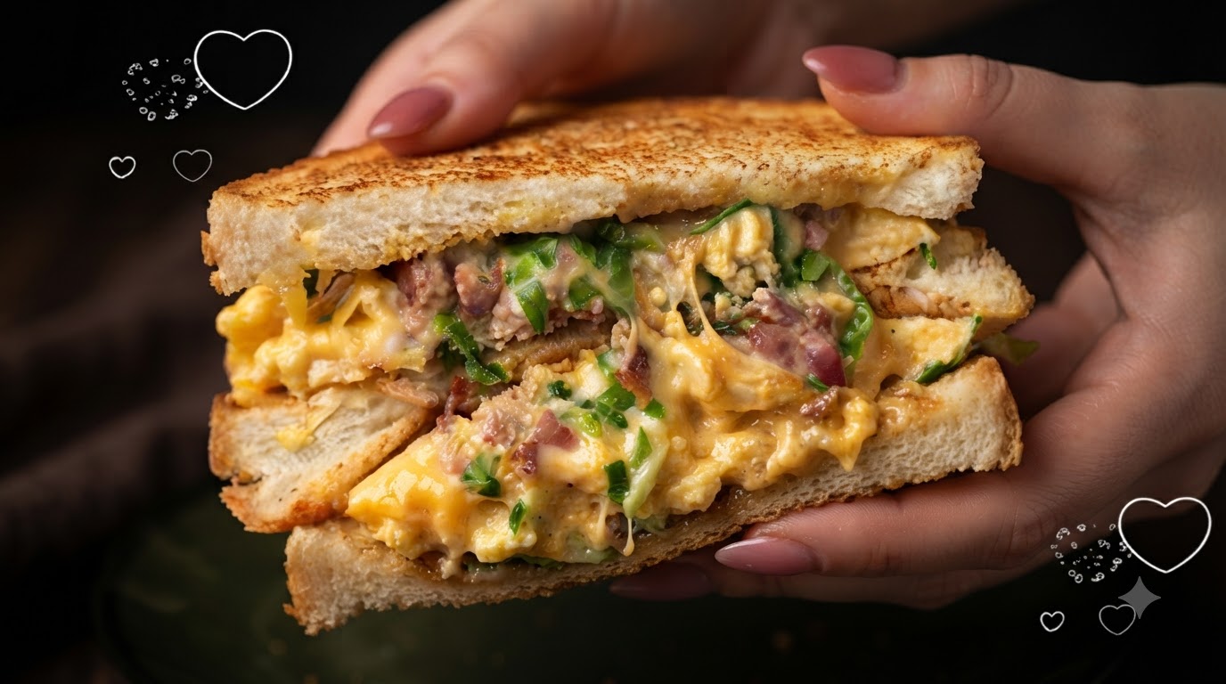 Sándwich jugoso de huevo revuelto y tocino