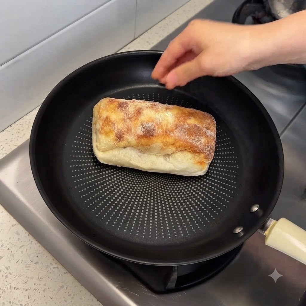 Pan de chapata reposando dentro de una sartén antiadherente negra con una mano ajustando la tapa.
