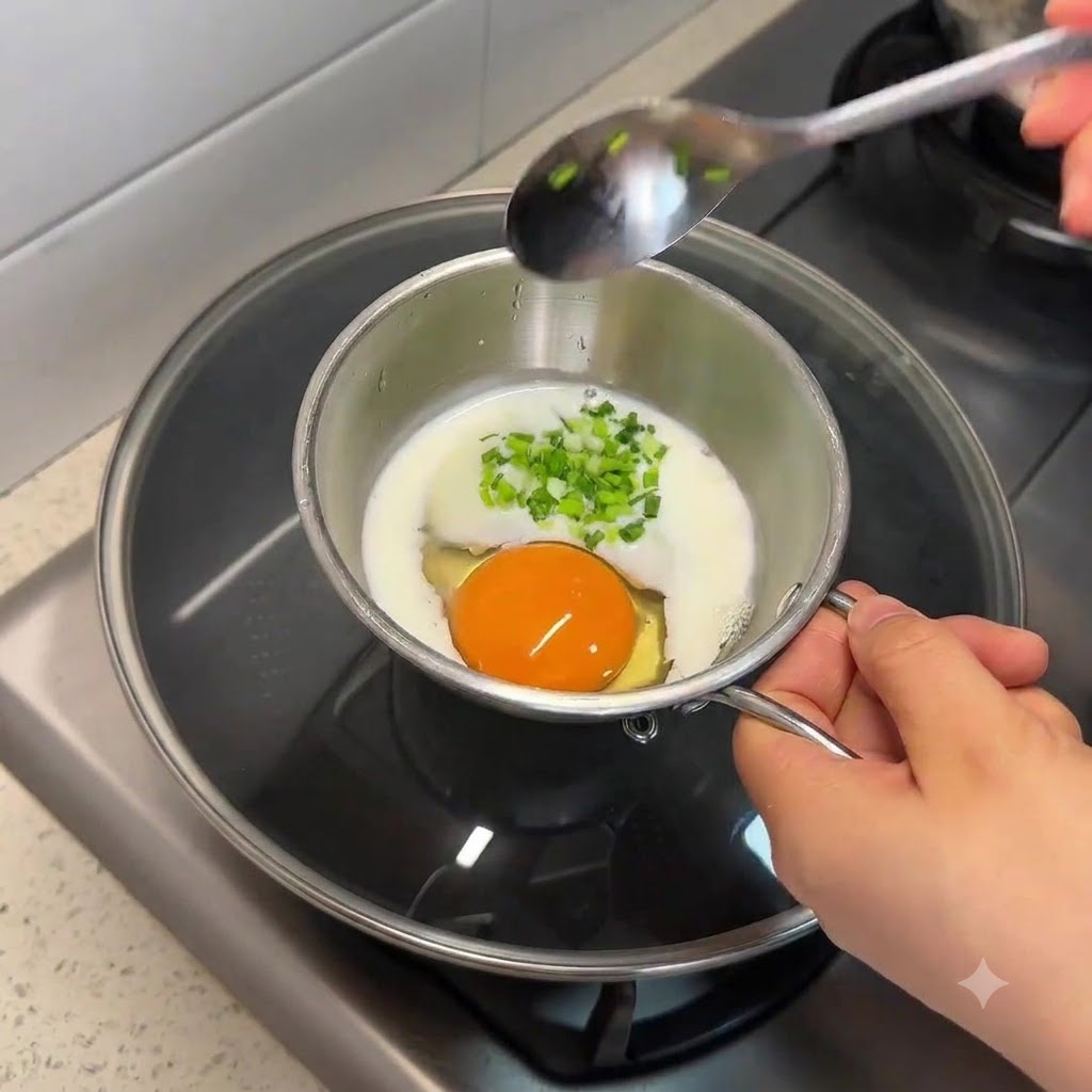 Un huevo, leche y cebollinos picados dentro de un pequeño recipiente de metal siendo batidos con una cuchara.