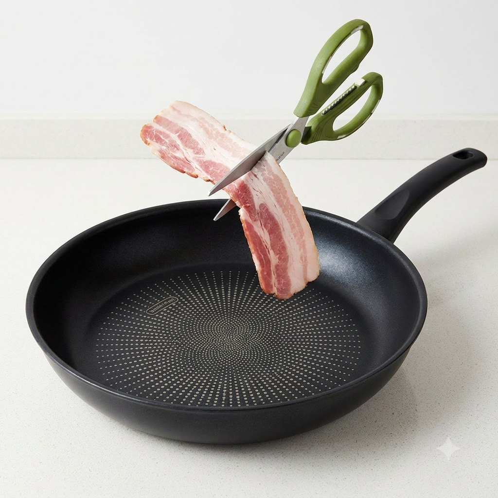Tijeras de cocina verdes cortando tiras de tocino crudo directamente sobre una sartén negra vacía.