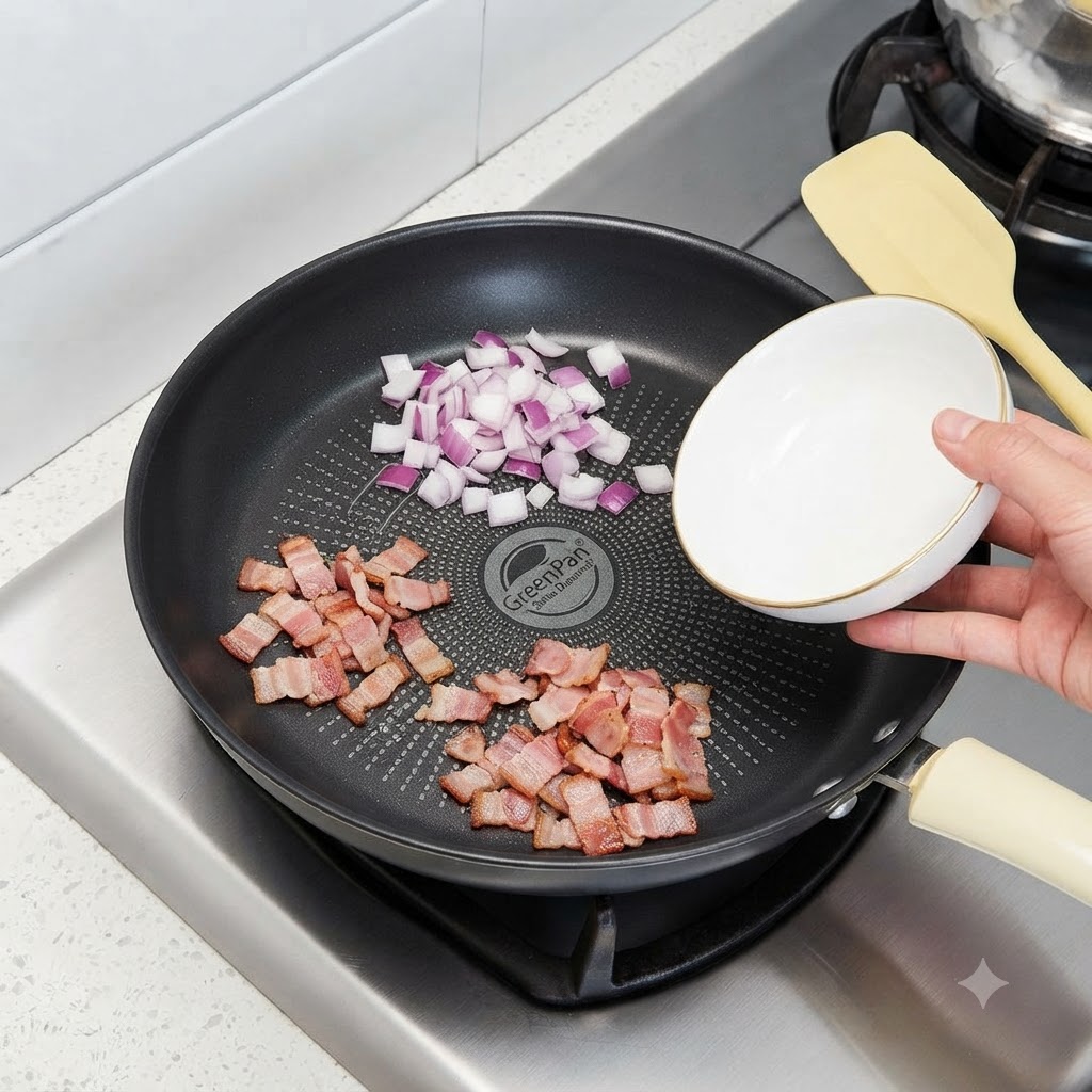 Una sartén que contiene trozos de tocino cocinado y un montón de cebolla morada picada al lado de un pequeño tazón blanco.