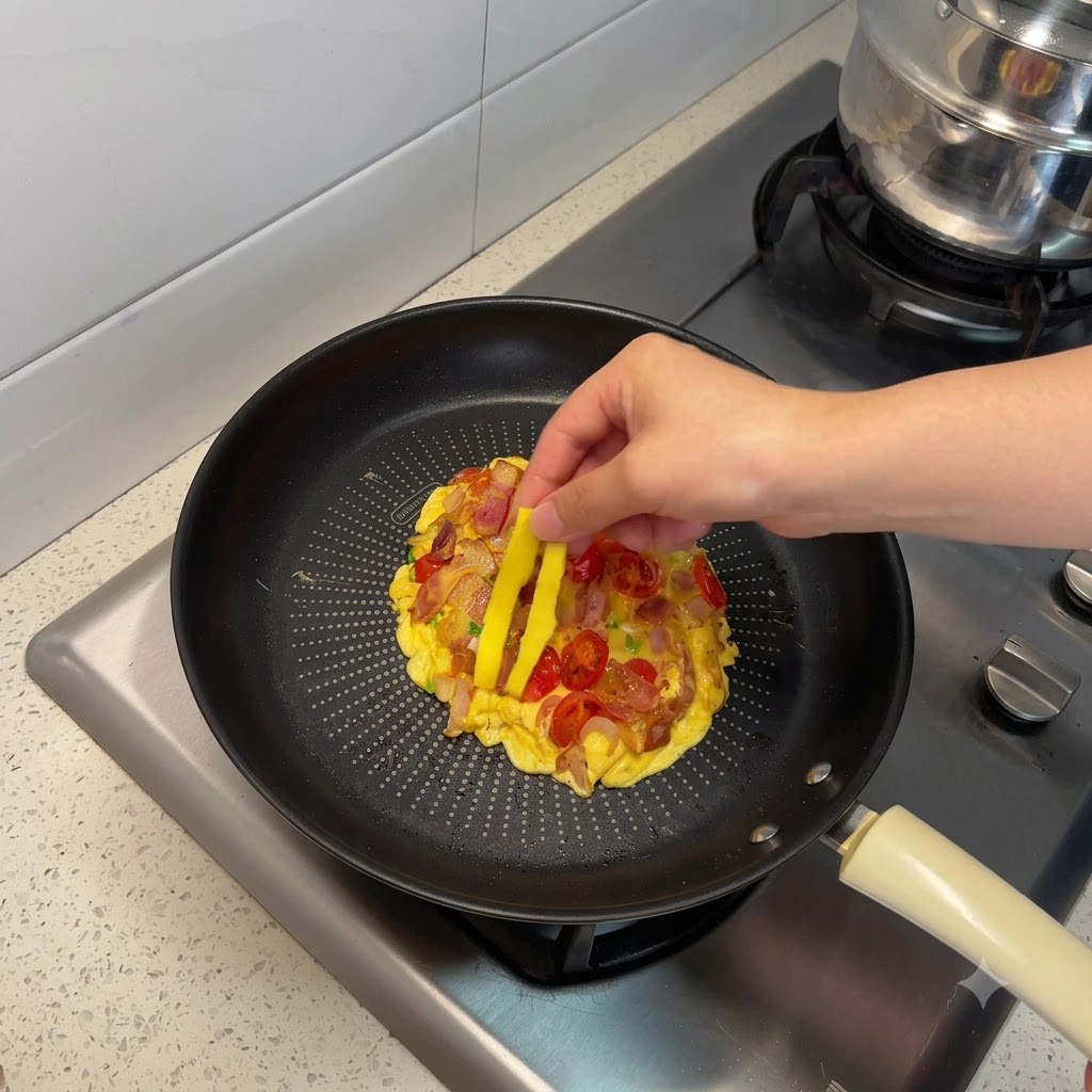 Una mano colocando tiras de queso amarillo sobre un revuelto de huevos cocinado mezclado con tocino y tomates en una sartén.