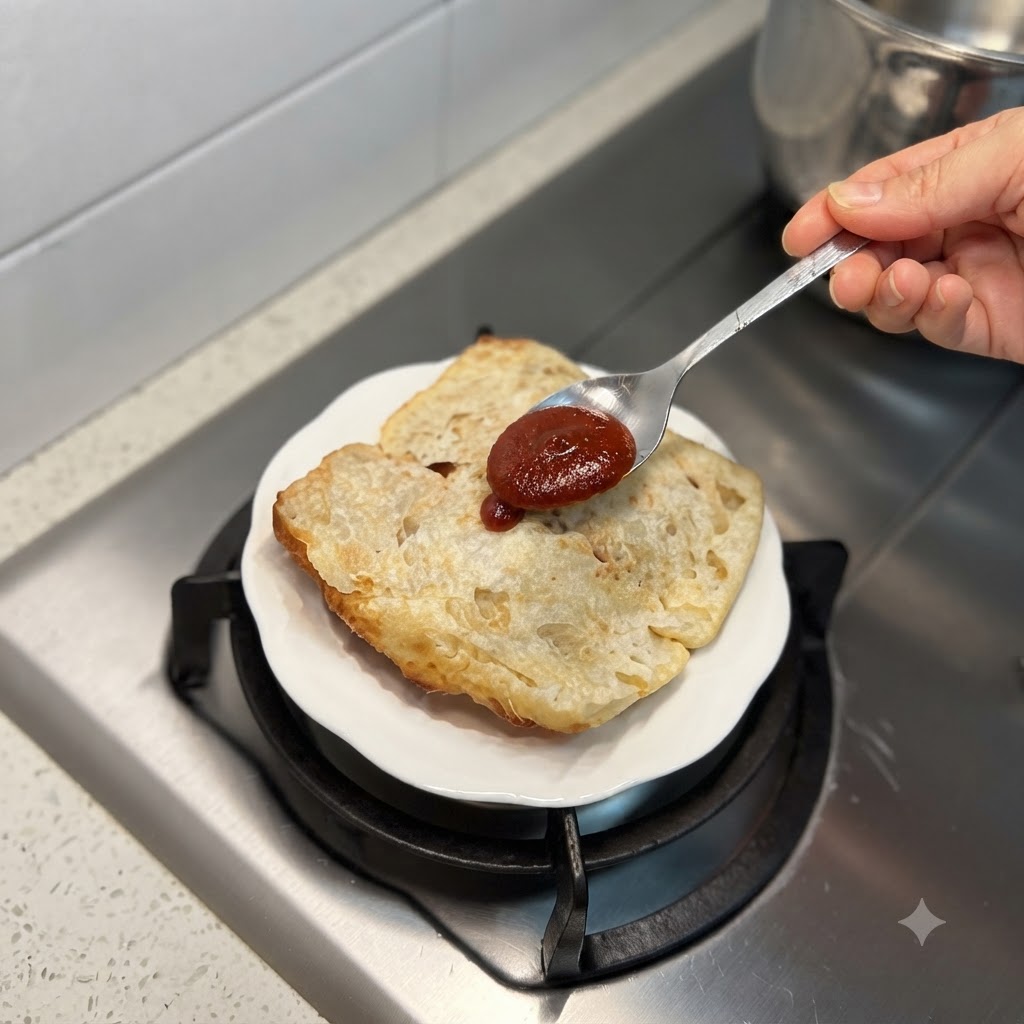 Una cucharada de rica salsa de carne roja siendo untada sobre un trozo de pan de chapata tostado en un plato blanco pequeño.