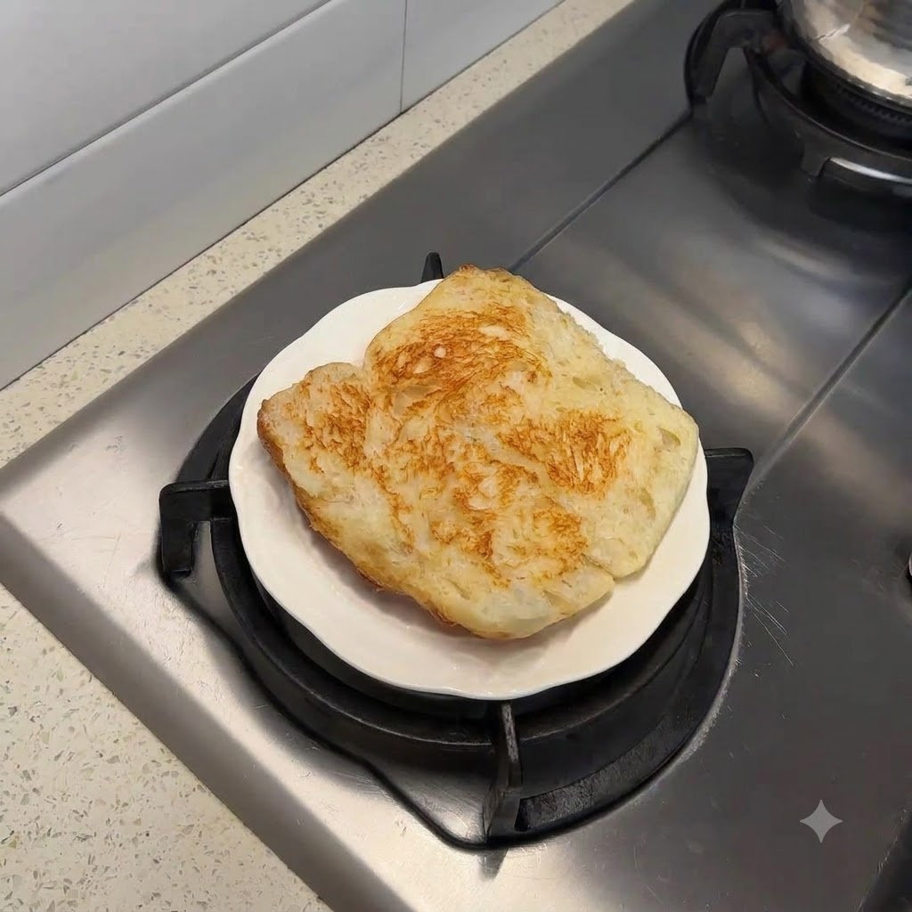 Una hoja de lechuga verde crujiente siendo colocada directamente sobre la superficie cubierta de salsa de la rebanada de chapata tostada.