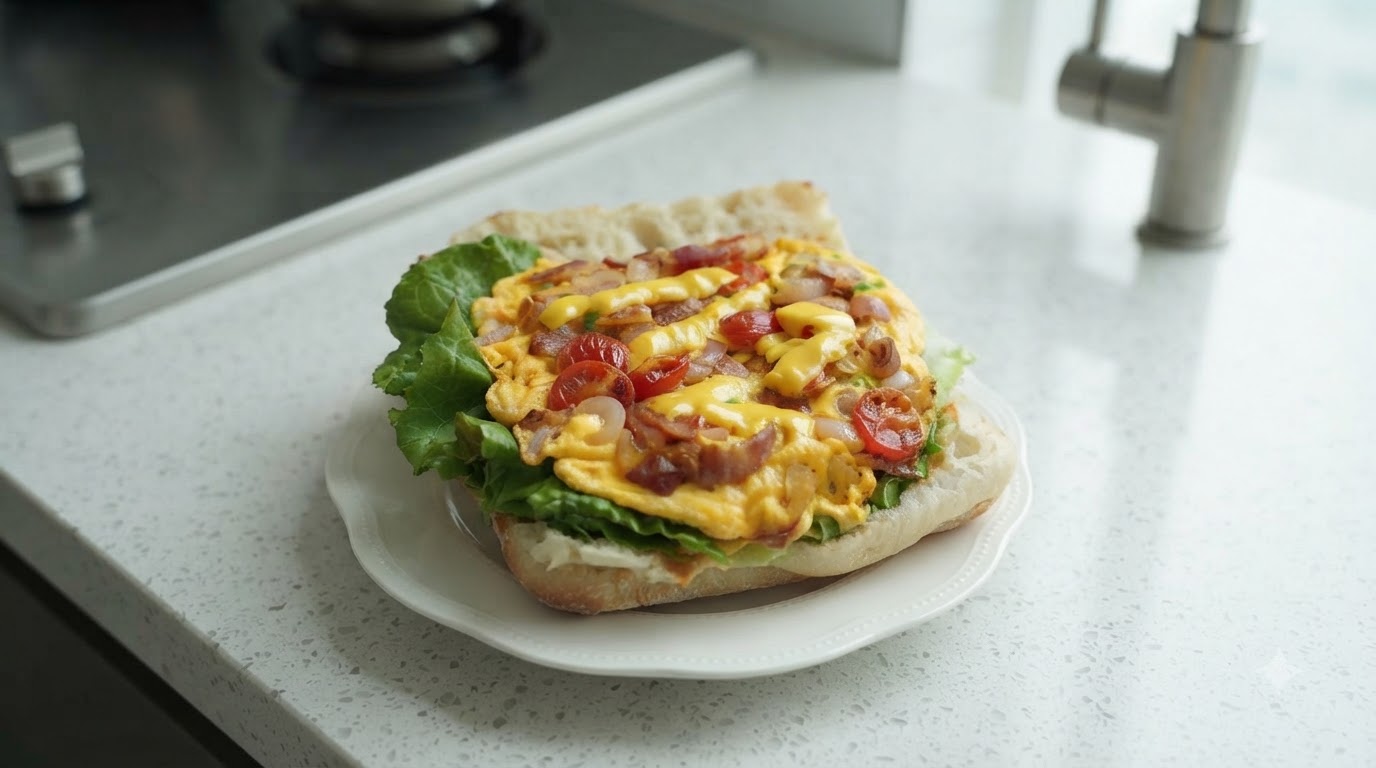 Un sándwich de desayuno de chapata gourmet relleno de lechuga verde crujiente, huevos revueltos esponjosos, tomates cherry, tocino y queso fundido.