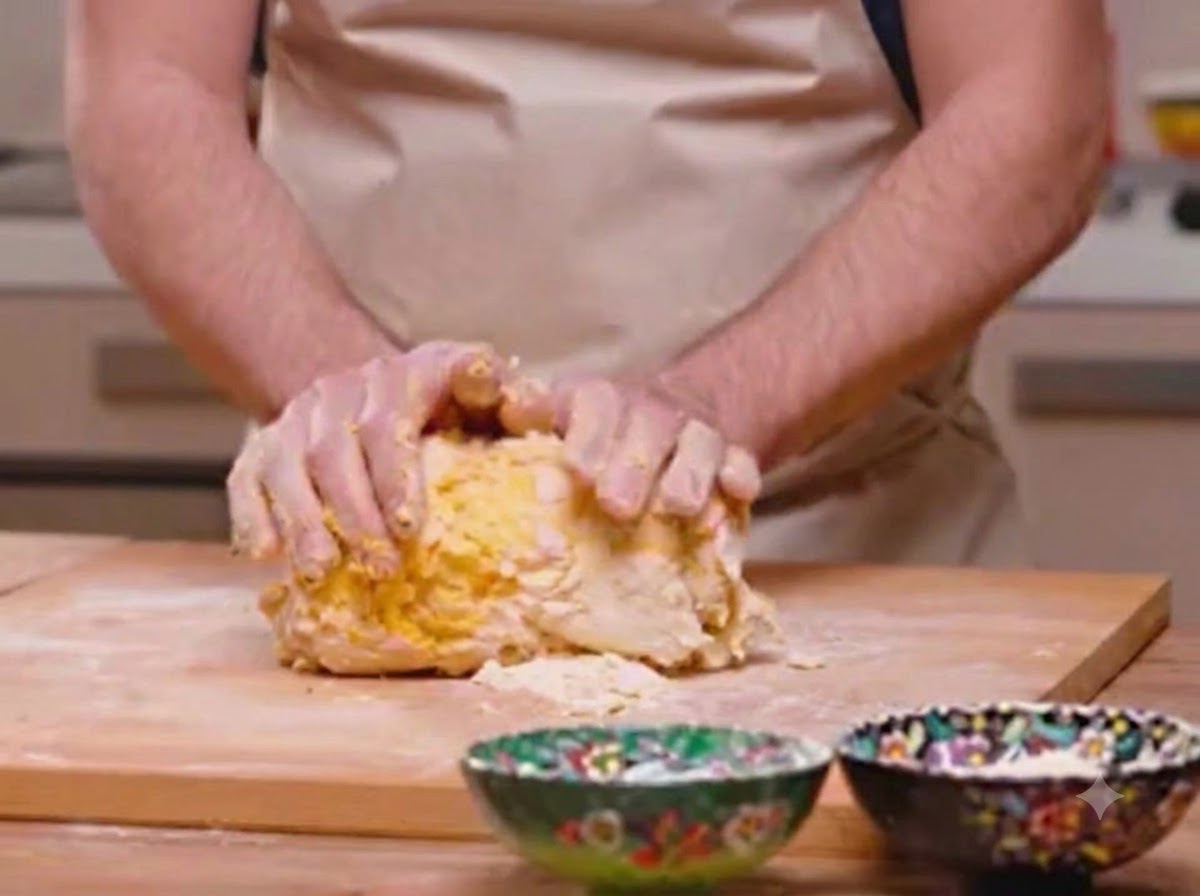Manos amasando activamente masa de pasta amarilla sobre una tabla de madera.