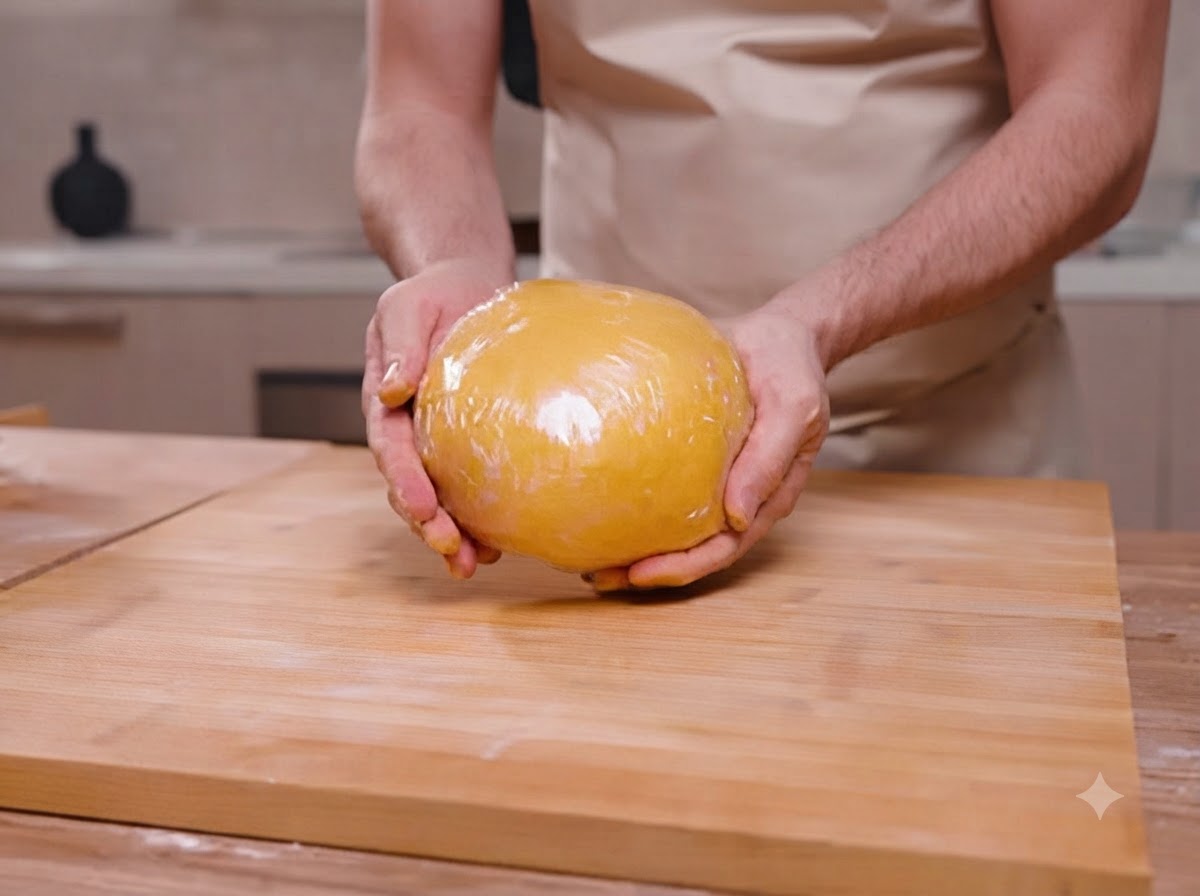 Una bola de masa de pasta envuelta en film transparente sostenida en las manos.