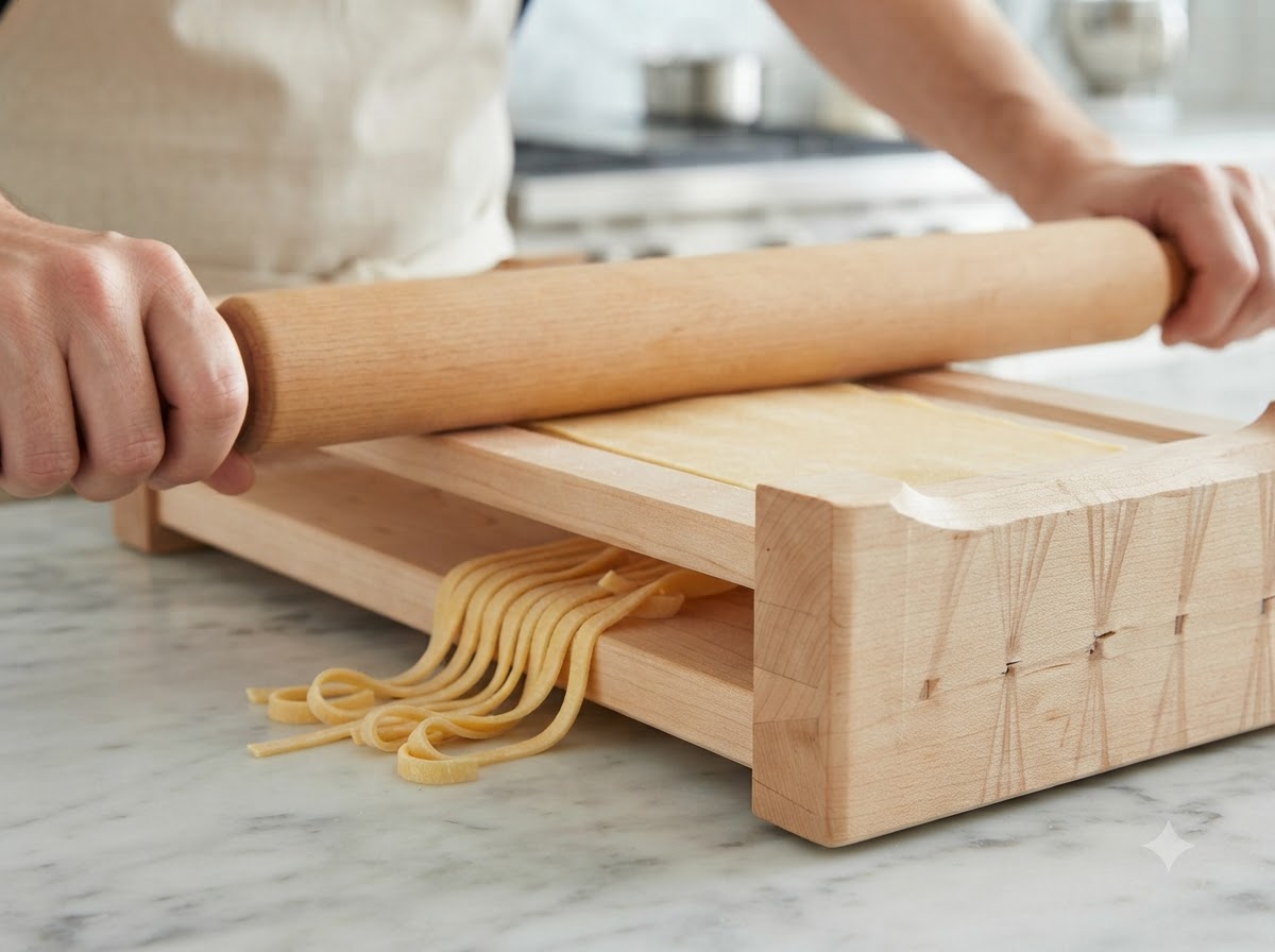 Un rodillo aplanando hojas de pasta amarilla sobre una tabla de madera.