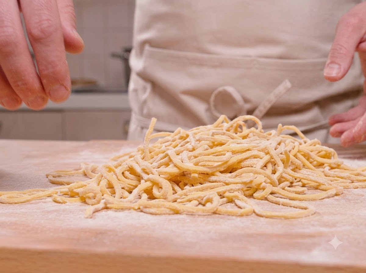Fideos de espagueti amarillo recién cortados amontonados en una superficie de madera.