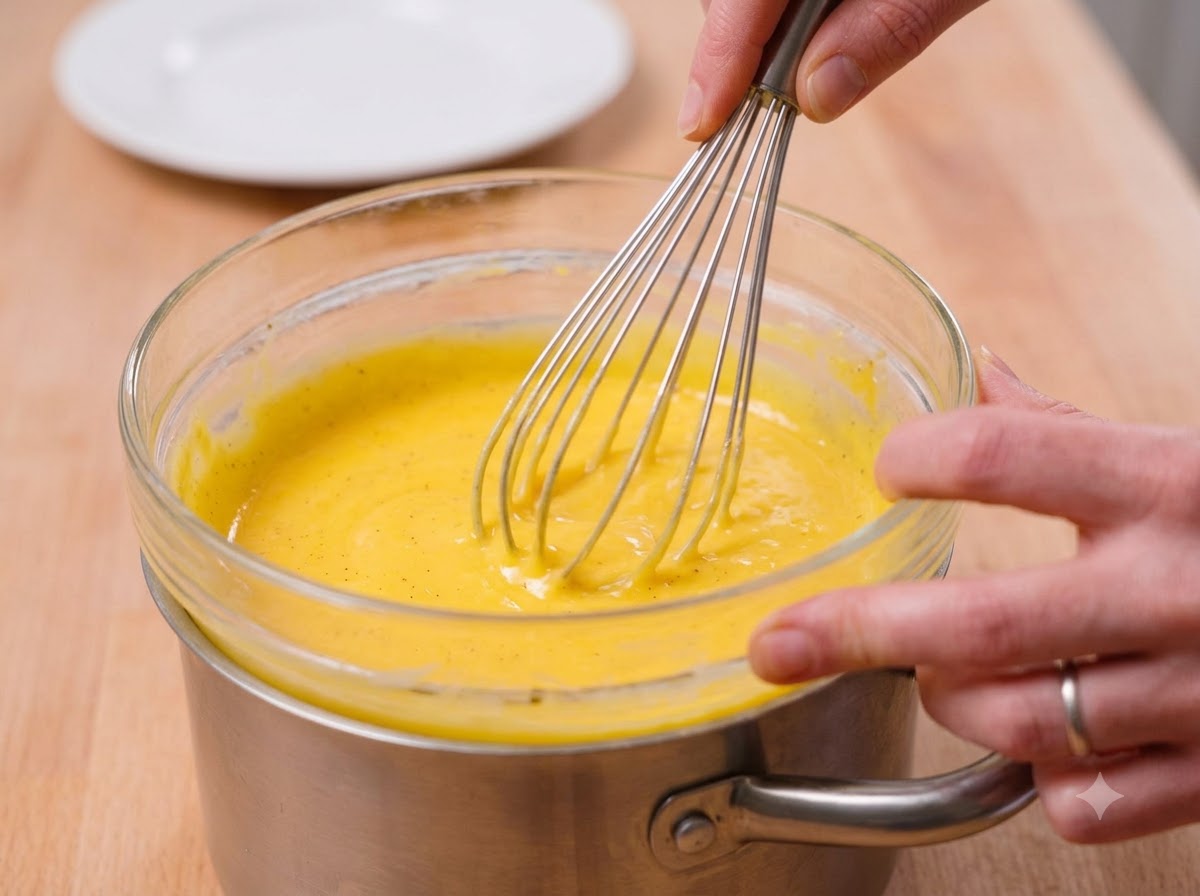 Un batidor mezclando la salsa amarilla de huevo y queso en un bol de cristal.