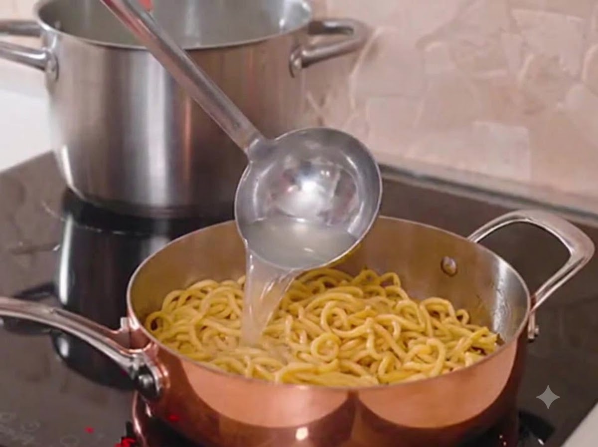 Un cucharón de metal vertiendo agua de cocción con almidón en una brillante sartén de cobre con espaguetis cocidos.