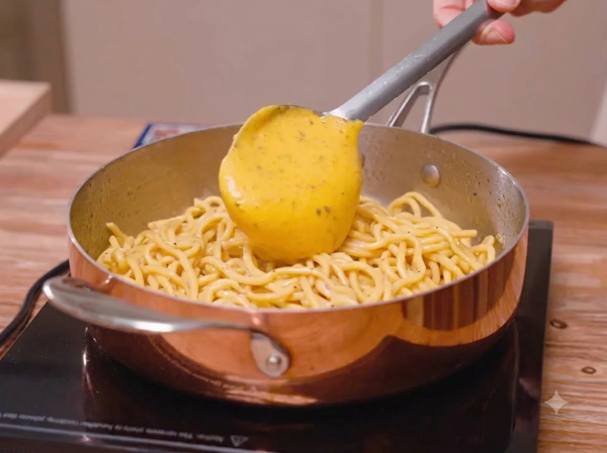 Una espátula vertiendo una espesa salsa amarilla de queso y huevo sobre una sartén de cobre con fideos de espagueti.