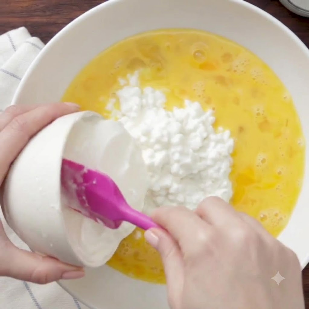 Crema agria siendo retirada de un tazón pequeño hacia el tazón de mezcla grande usando una espátula rosa.