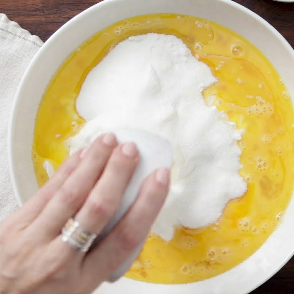 Azúcar blanca granulada siendo vertida desde un recipiente pequeño en un tazón con ingredientes húmedos.