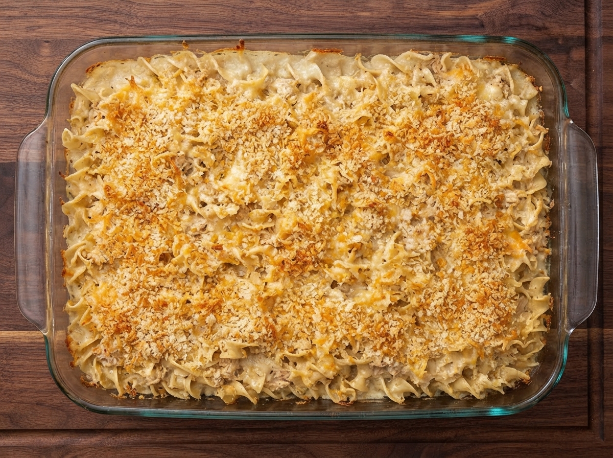 Un molde de vidrio para hornear lleno de una mezcla de fideos kugel sin hornear cubierta con pan rallado.