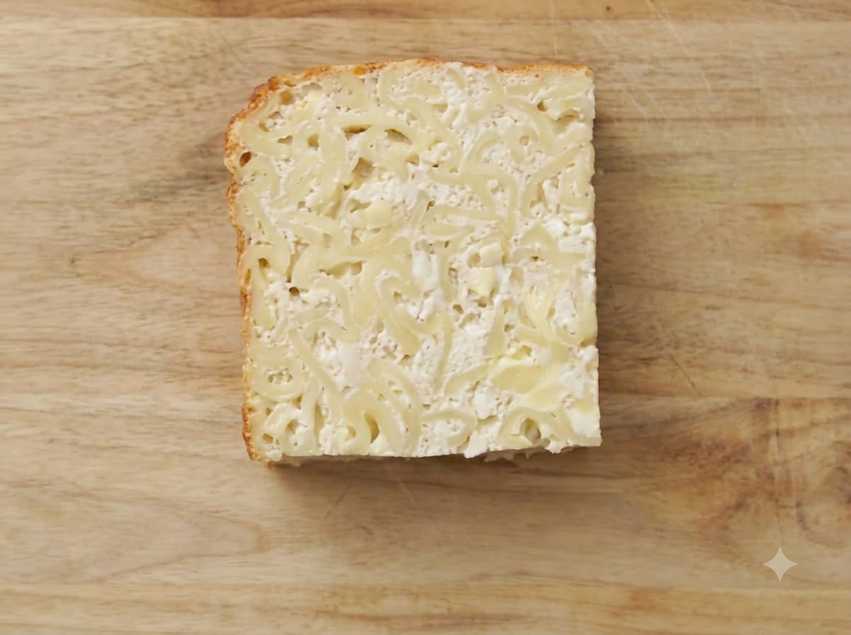 Una rebanada cuadrada de kugel friéndose en una sartén caliente de hierro fundido.