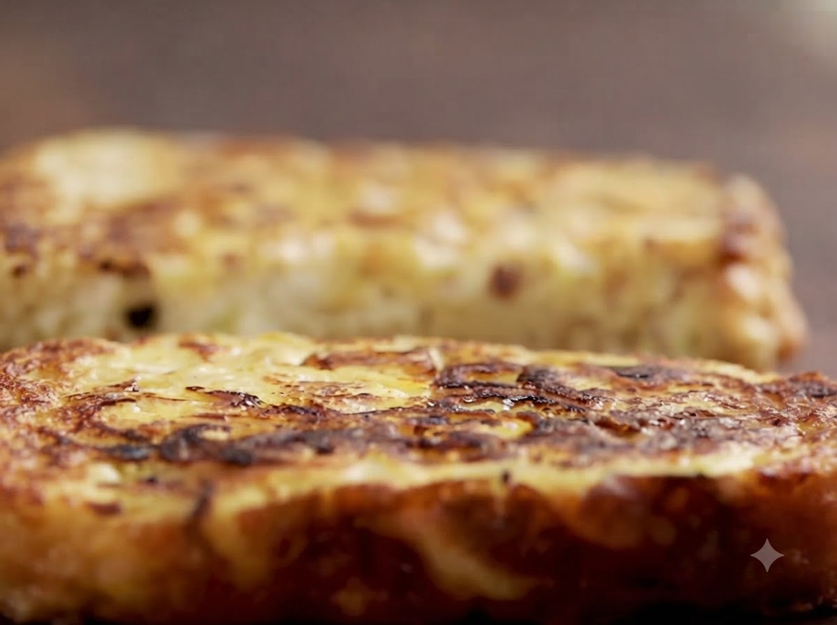 Mayonesa siendo untada suavemente sobre una rebanada de kugel frita de color marrón dorado.