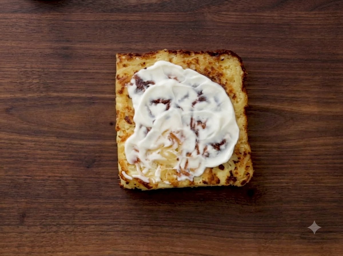 Una rebanada de queso americano colocada plana sobre una rebanada de kugel tibia.
