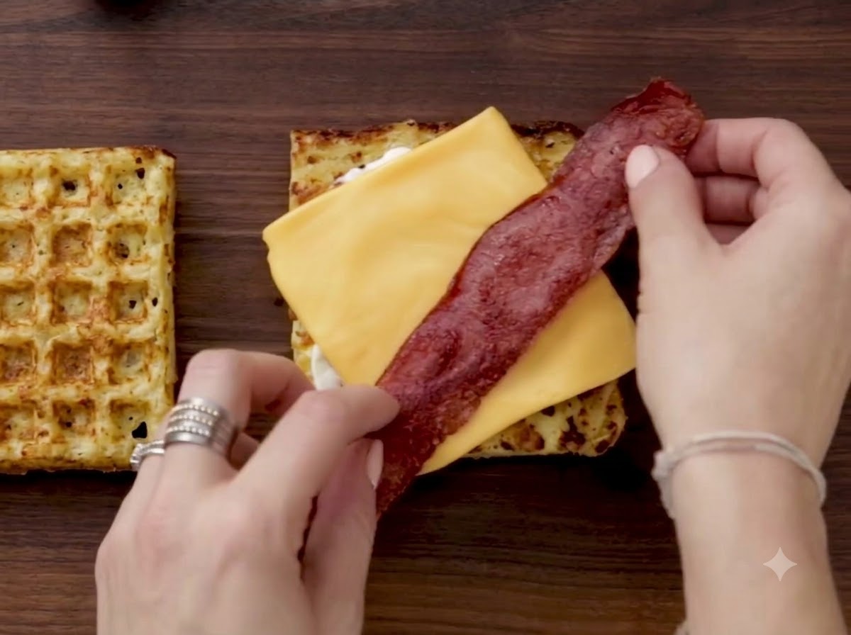 Tiras de tocino cocido crujiente siendo colocadas encima del kugel cubierto de queso.