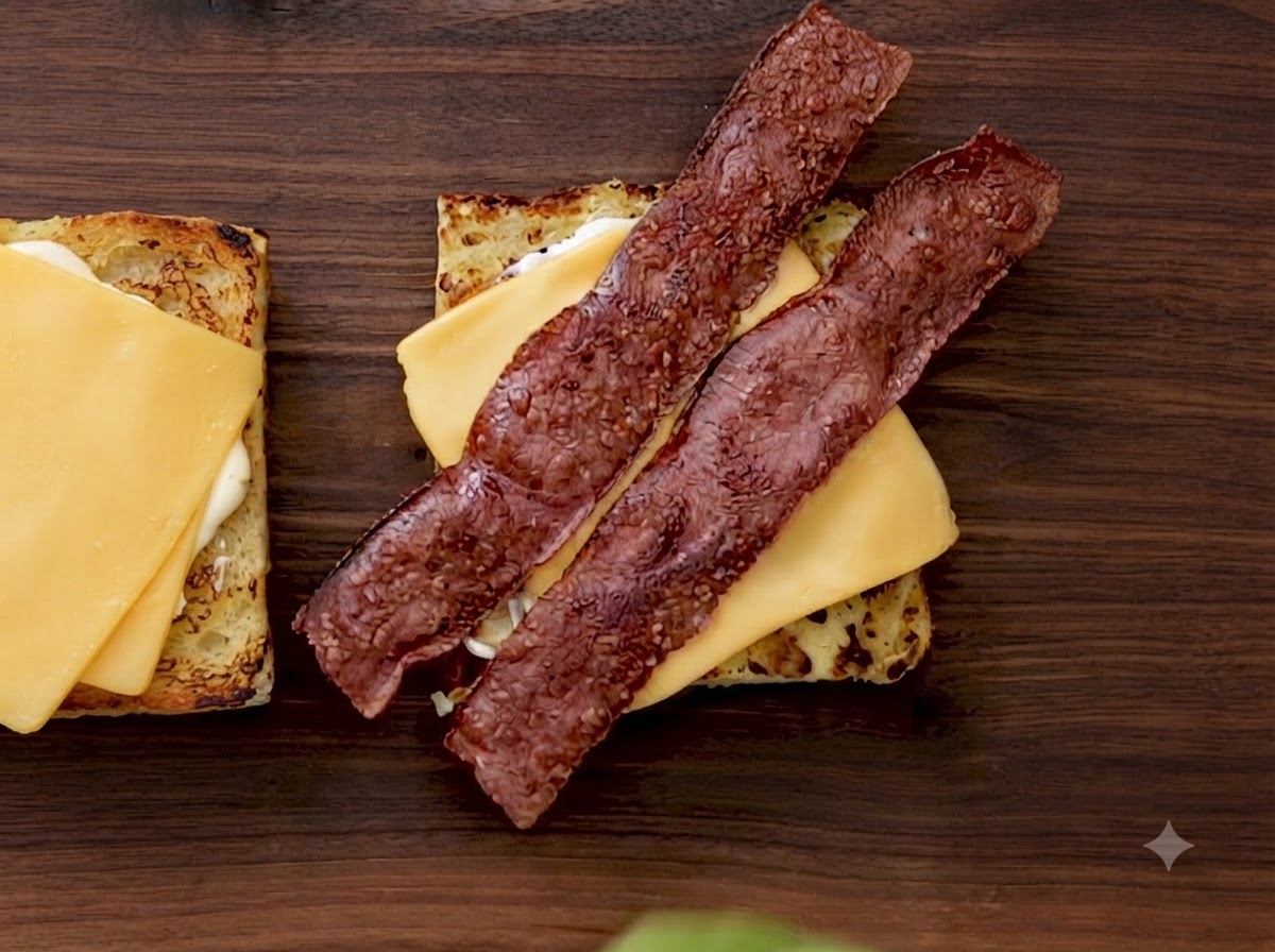 Hojas de lechuga mantecosa verde fresca siendo colocadas sobre tiras de tocino crujiente en una base de sándwich de kugel.