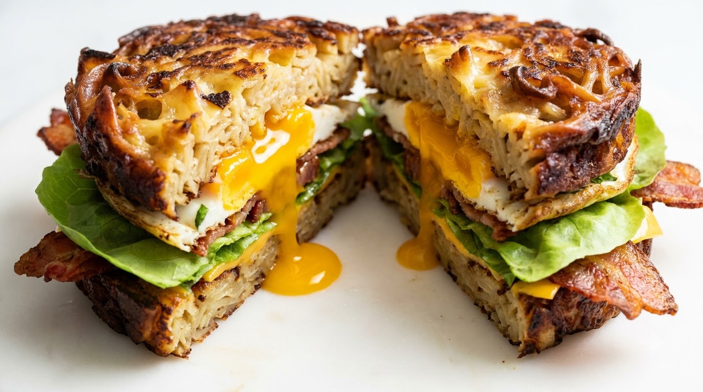 Sándwich de Kugel Crujiente con Huevo Frito y Tocino