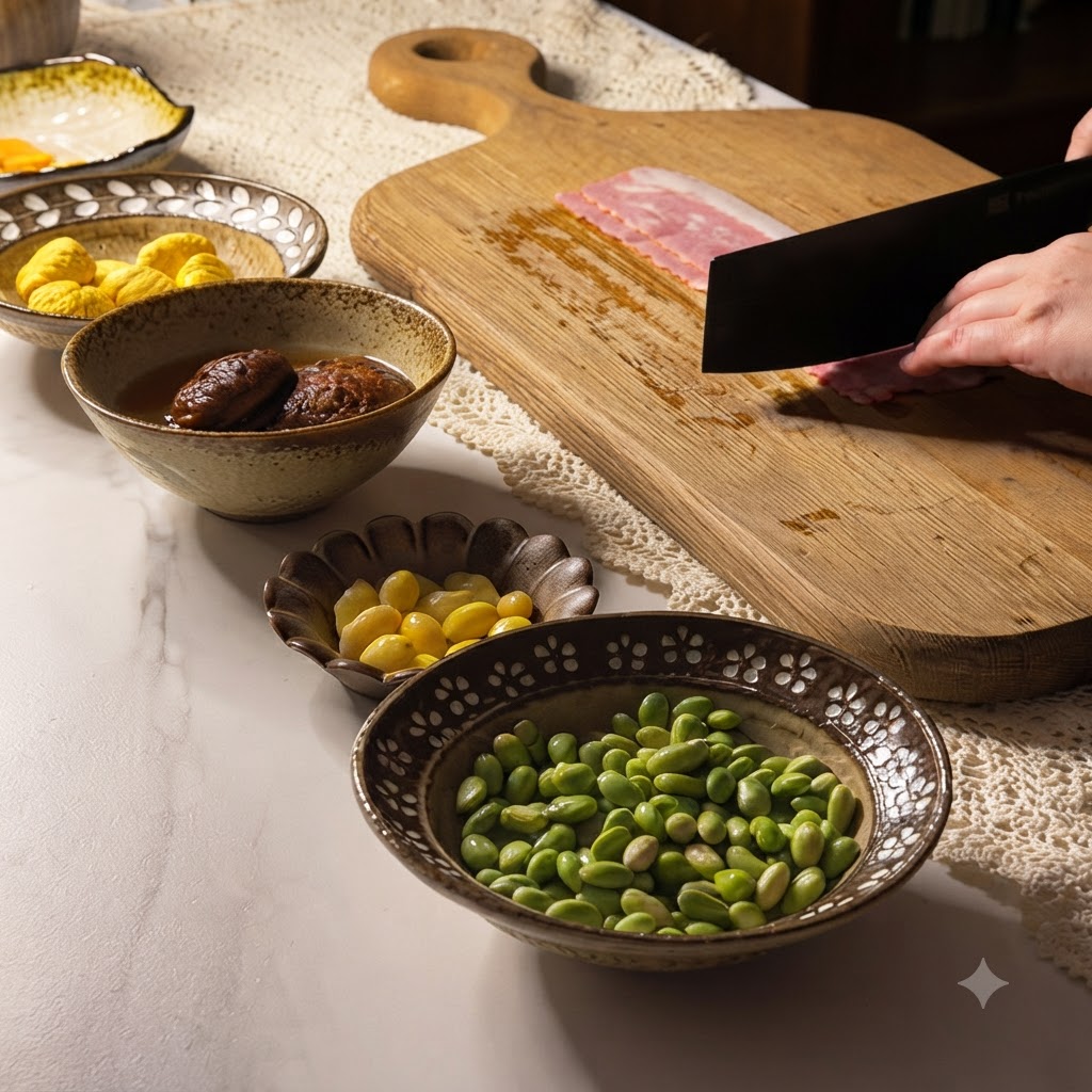 Tiras de tocino siendo cortadas en trozos pequeños sobre una tabla de cortar de madera con un cuchillo de carnicero.