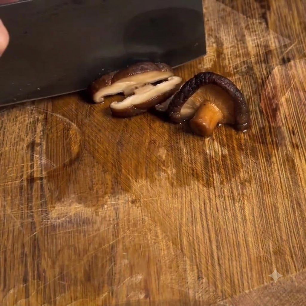 Setas shiitake siendo cortadas en trozos más pequeños sobre una tabla de cortar de madera.