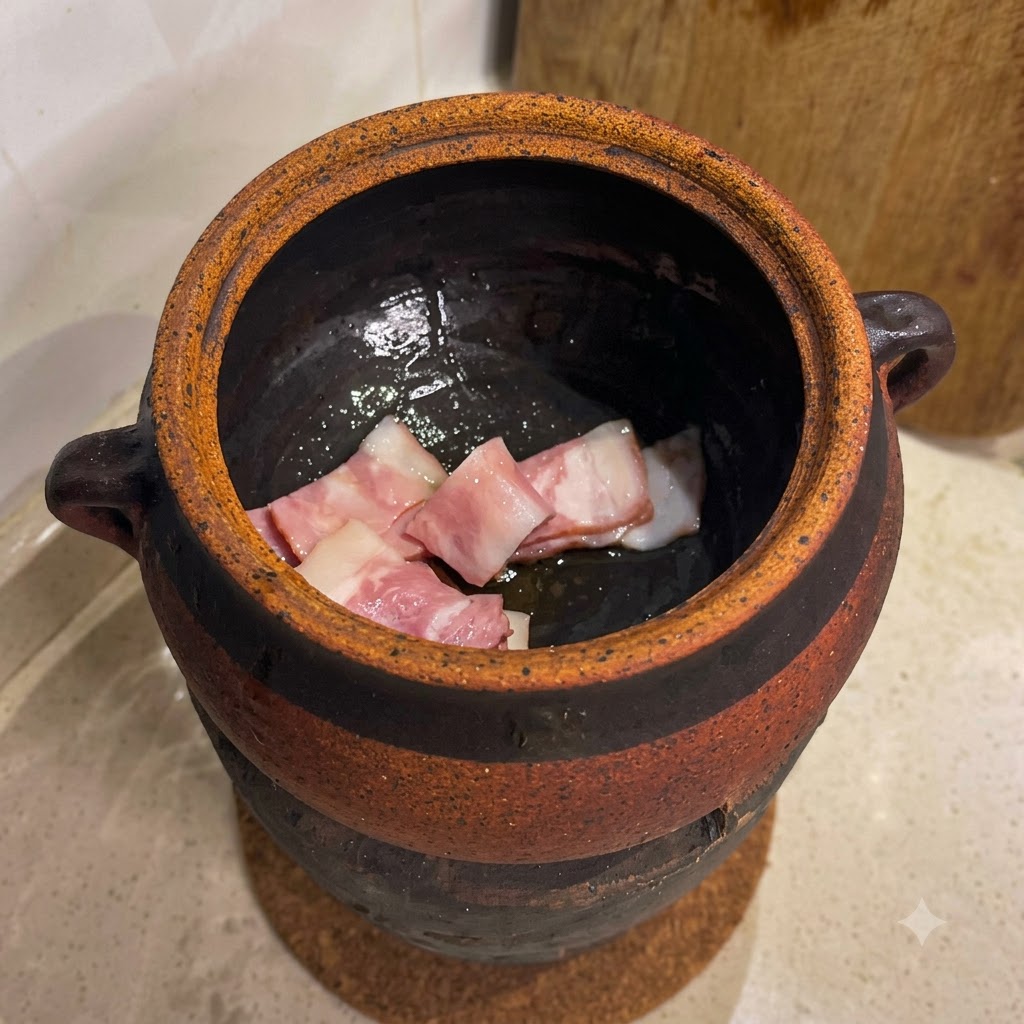 Trozos de tocino friéndose en aceite dentro de una cazuela de barro tradicional sobre carbón.