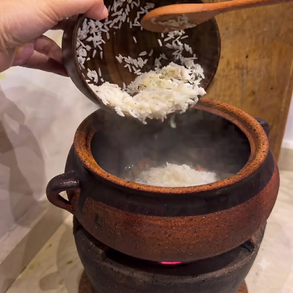 Arroz remojado siendo vertido desde un bol de madera en una cazuela de barro caliente usando una cuchara de madera.