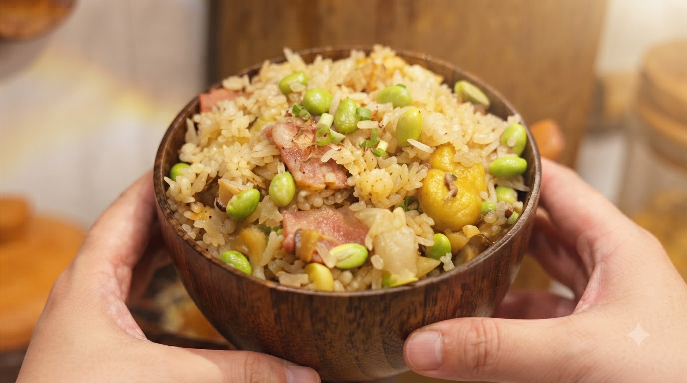 Arroz en Cazuela de Barro con Ginkgo, Vieiras, Tocino y Castañas