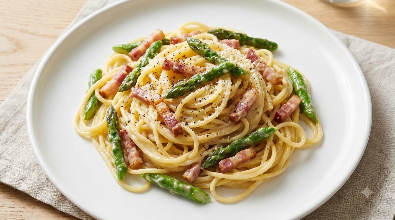 Pasta cremosa con espárragos y tocino