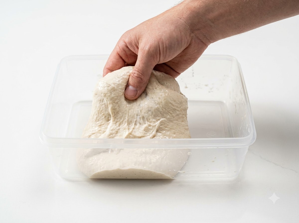 Una mano levantando y doblando una sección de masa fermentada dentro de un recipiente rectangular transparente.