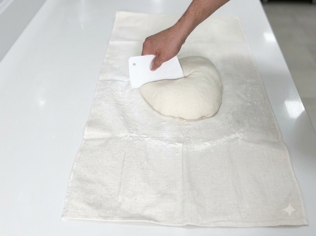 Una mano sosteniendo una rasqueta de masa blanca cortando un trozo de masa blanca sobre una tela.