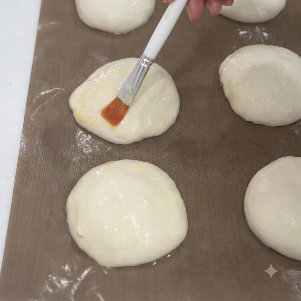Un pincel de repostería extendiendo cuidadosamente aceite por la superficie de porciones de masa redonda cruda dispuestas en una bandeja de horno.