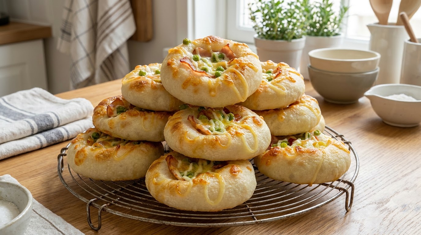 Una pila de panecillos de focaccia con bacon y guisantes recién horneados sobre una rejilla de enfriamiento