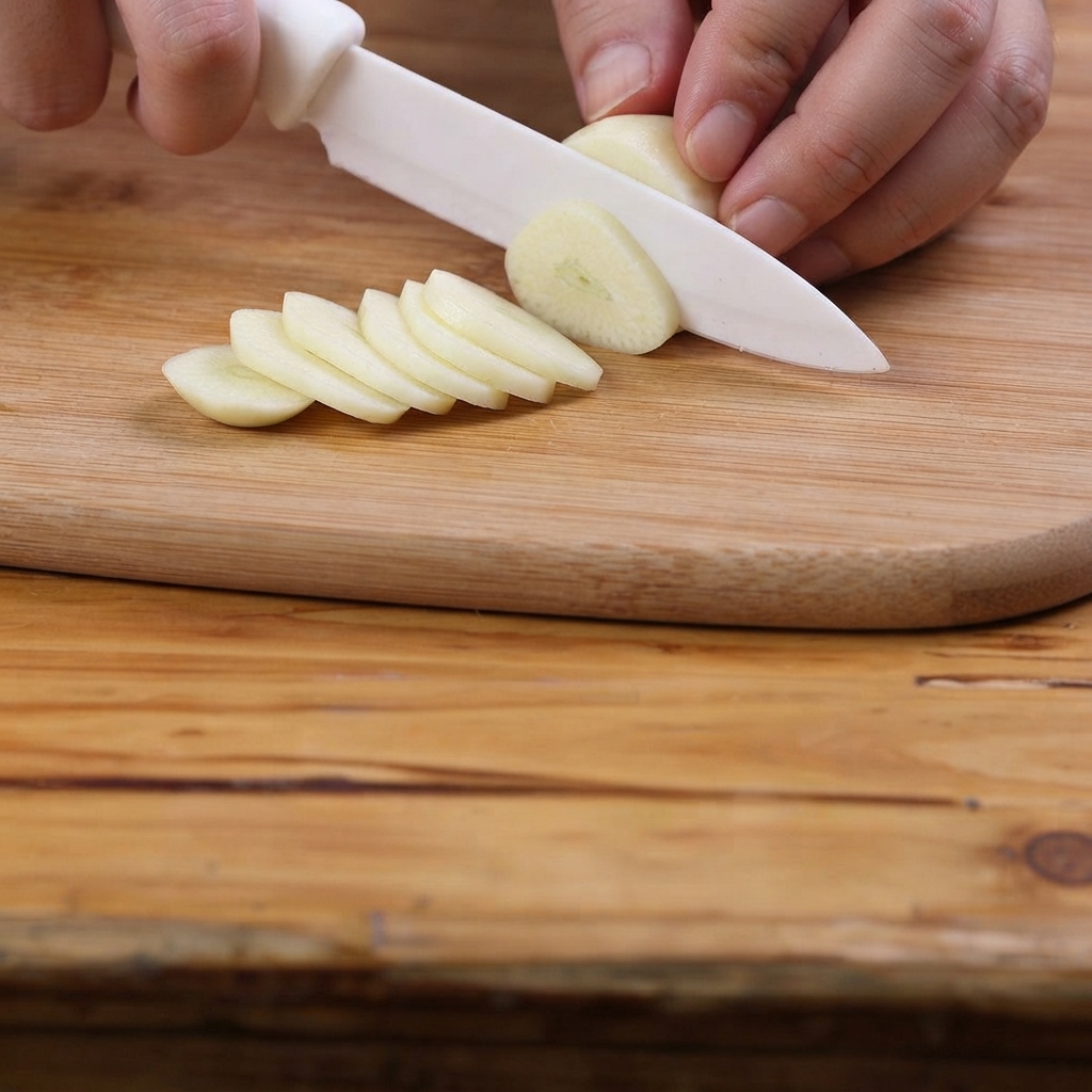 Trozo de pimiento verde siendo picado en una tabla de madera con un cuchillo.