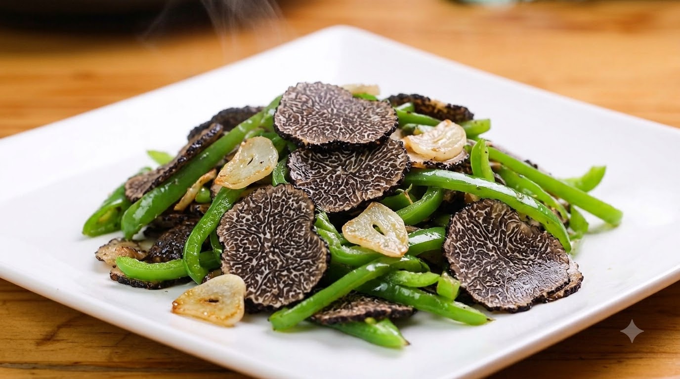 Un plato blanco lleno de trufas negras en rodajas salteadas, tiras de pimiento verde y rodajas de ajo doradas.