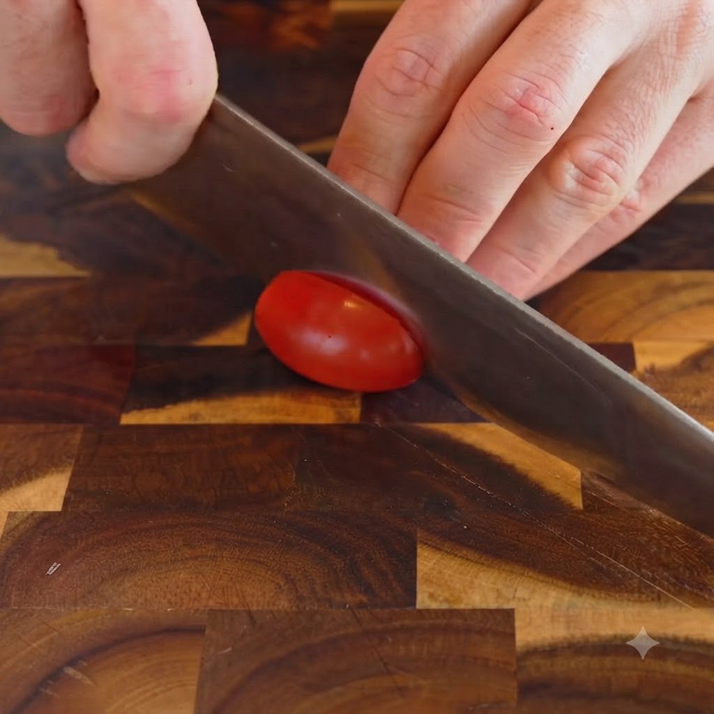 Un cuchillo de chef afilado cortando un tomate cherry rojo por la mitad en una tabla de cortar de madera.