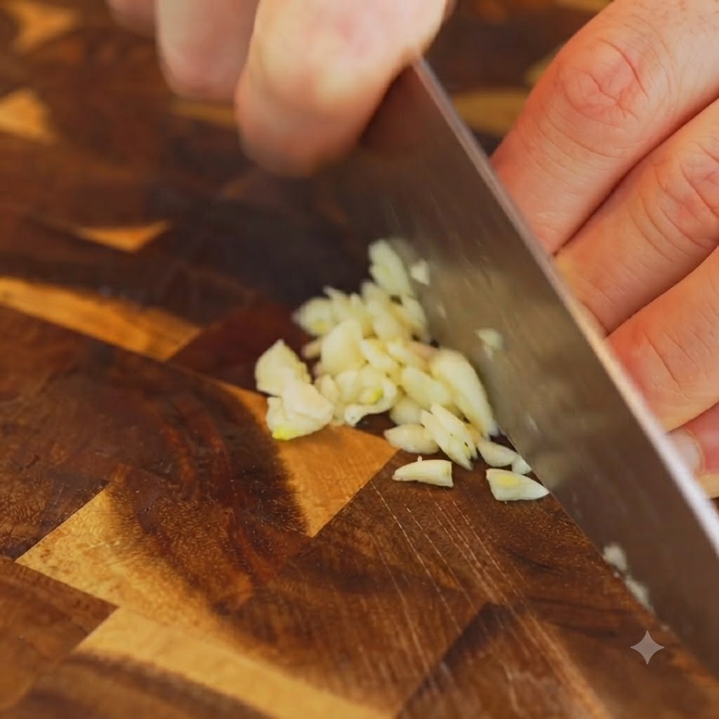 Un cuchillo de chef picando dientes de ajo pelados en trozos pequeños sobre una tabla de madera.