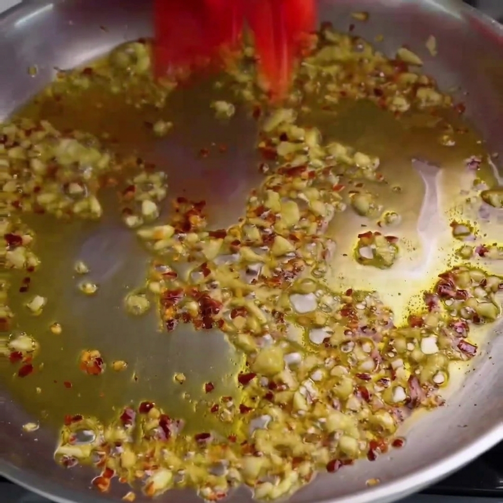 Tomates cherry cortados por la mitad arrojados a una sartén con ajo y aceite.