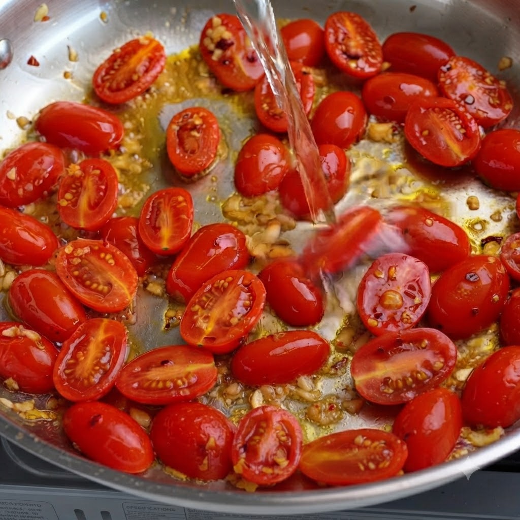 Vino blanco siendo vertido en una sartén llena de tomates cherry y ajo.